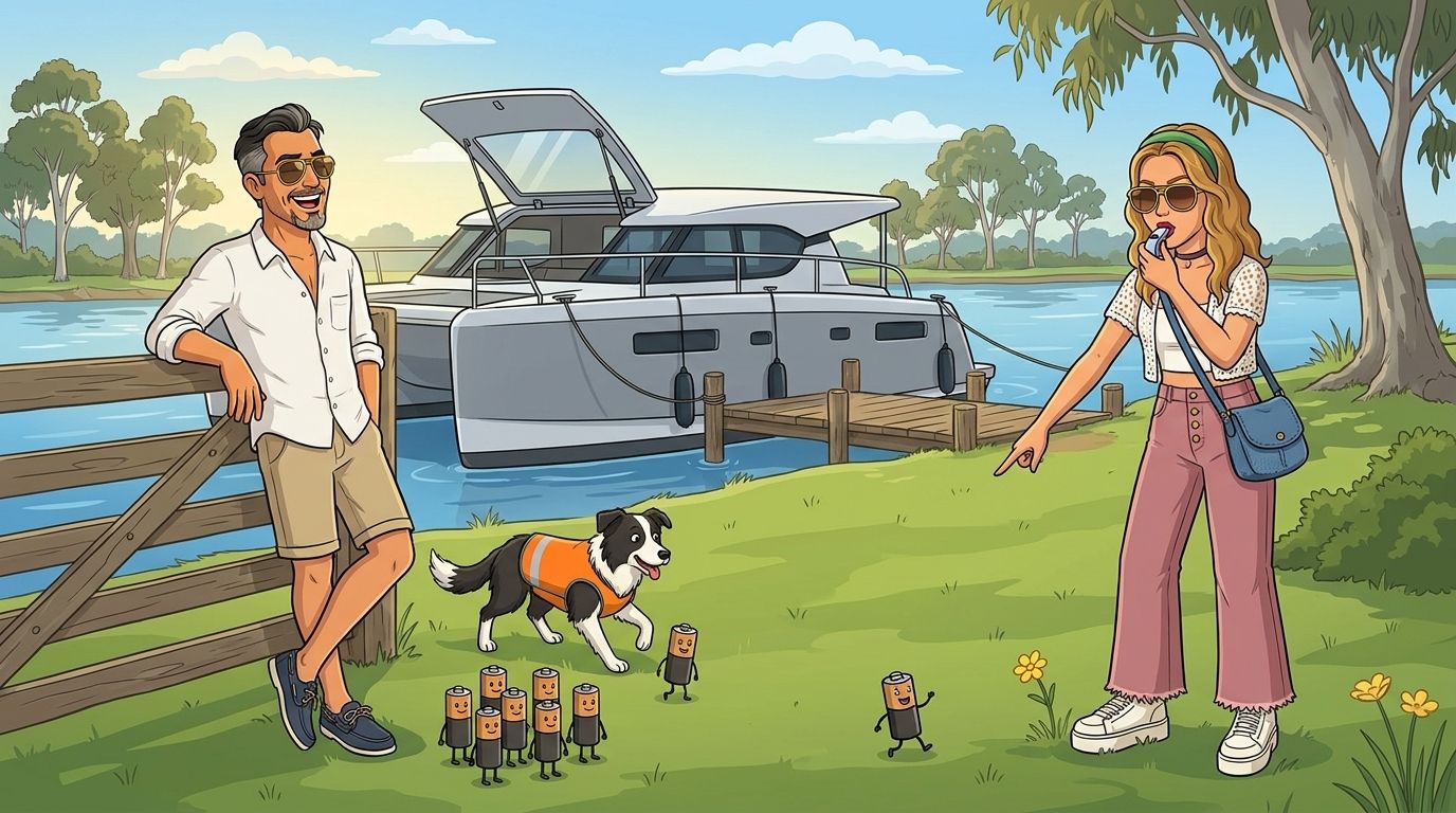 Cartoon of a border collie in a hi-vis vest rounding up a mob of little battery cells in a riverside paddock, with the Cat Cruiser catamaran moored at the jetty behind, while Jason's co-host DJ blows a whistle at one wandering off and Jason laughs at the gate