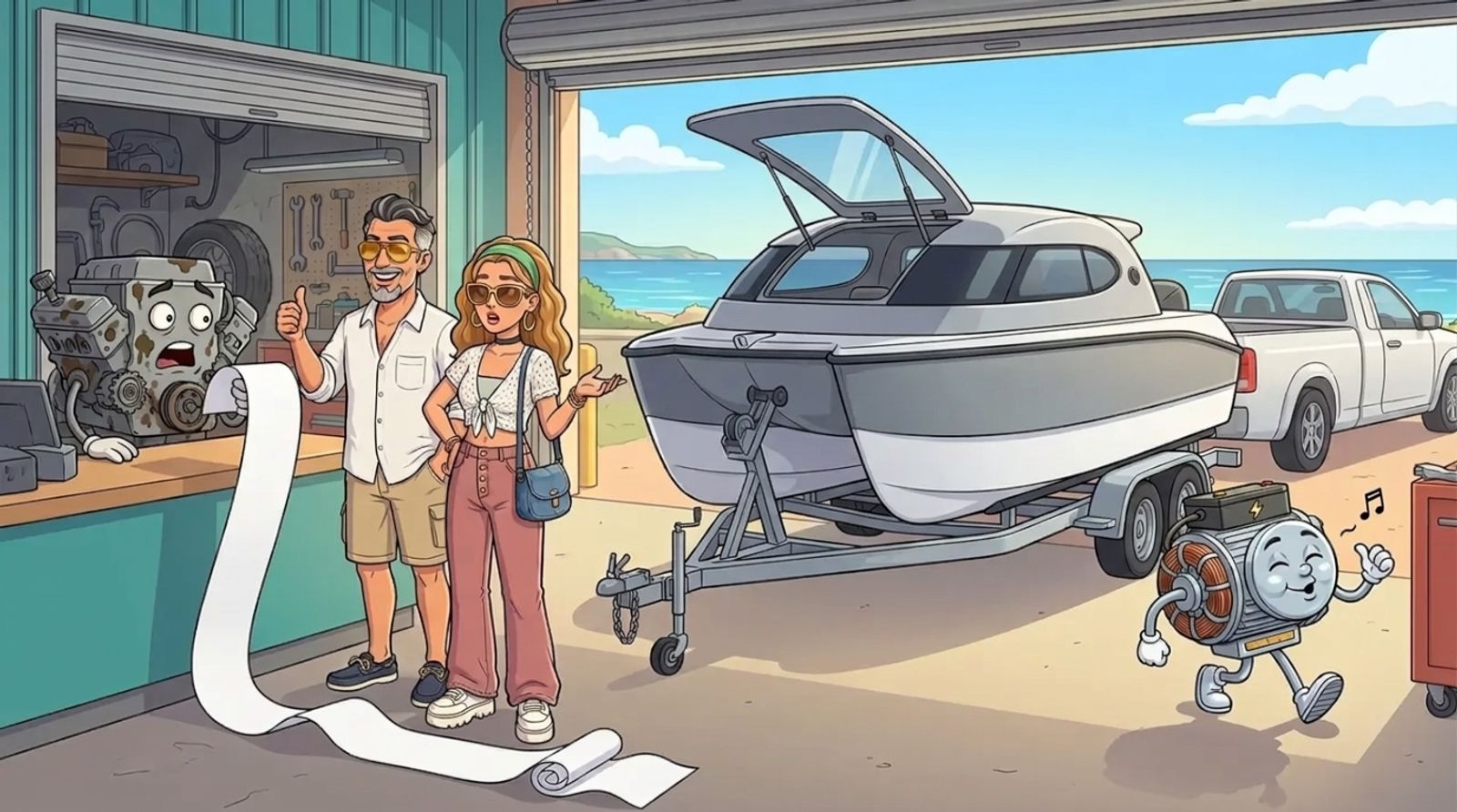 Cartoon of a grimy, shocked petrol engine at a seaside workshop counter as Jason's co-host DJ holds up the end of a huge receipt, while a shiny electric motor strolls out whistling past the Cat Cruiser catamaran on its trailer and Jason gives a thumbs-up