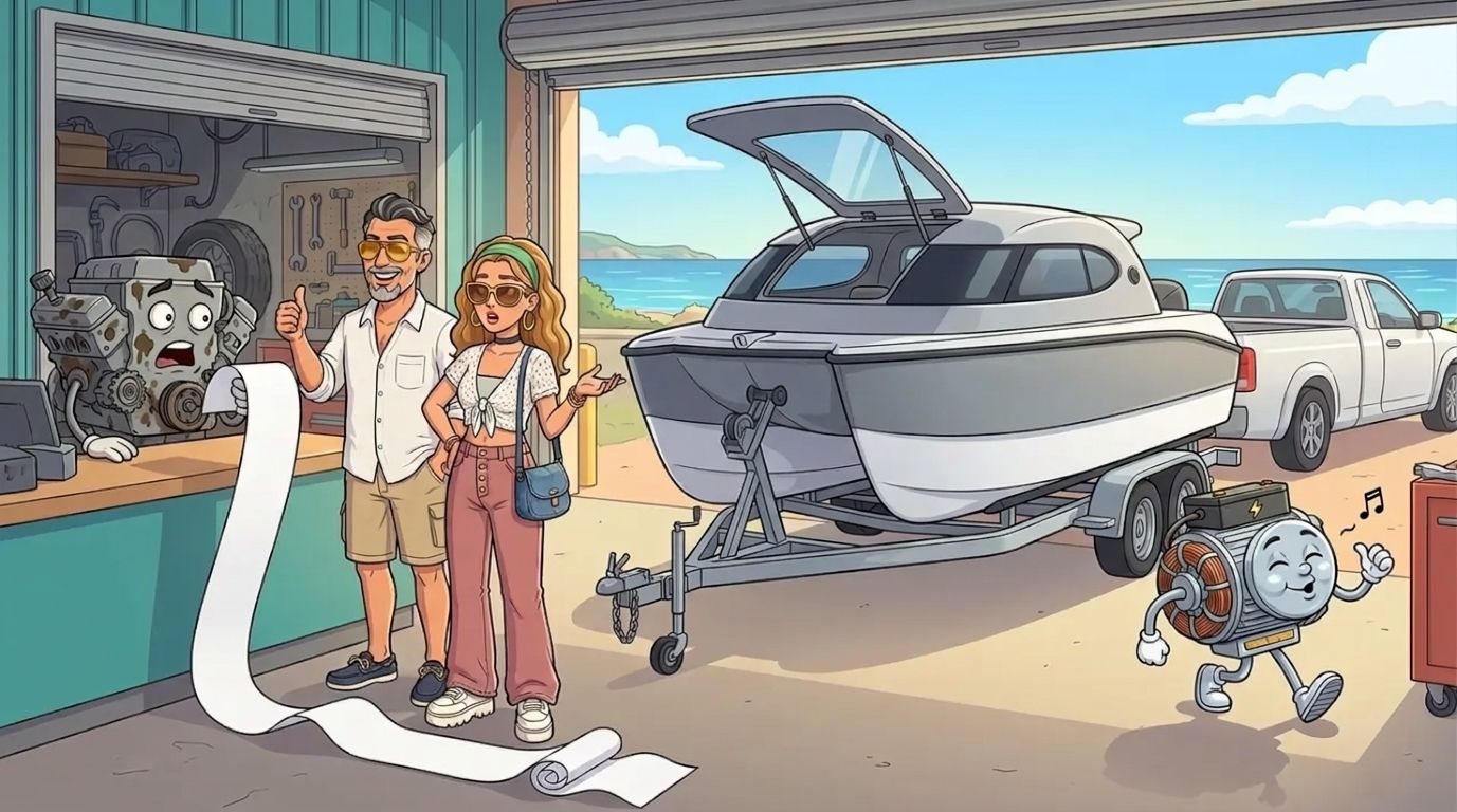 Cartoon of a grimy, shocked petrol engine at a seaside workshop counter as Jason's co-host DJ holds up the end of a huge receipt, while a shiny electric motor strolls out whistling past the Cat Cruiser catamaran on its trailer and Jason gives a thumbs-up