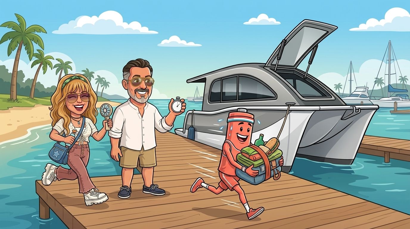 a slim coral-red sprinter battery sprints along a marina boardwalk carrying a big bundle of picnic gear while DJ jogs alongside with a fan and spray bottle and Jason holds a stopwatch, with the grey-and-white Cat Cruiser catamaran moored beside the boardwalk