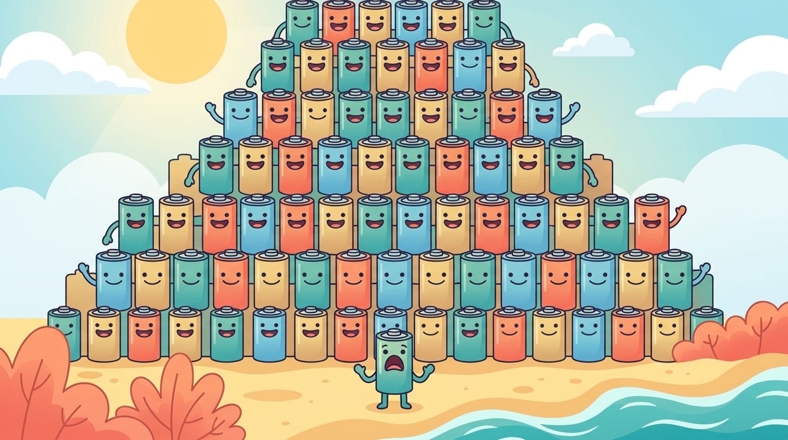 Cartoon pyramid of thousands of smiling battery modules with one tiny battery staring up in awe