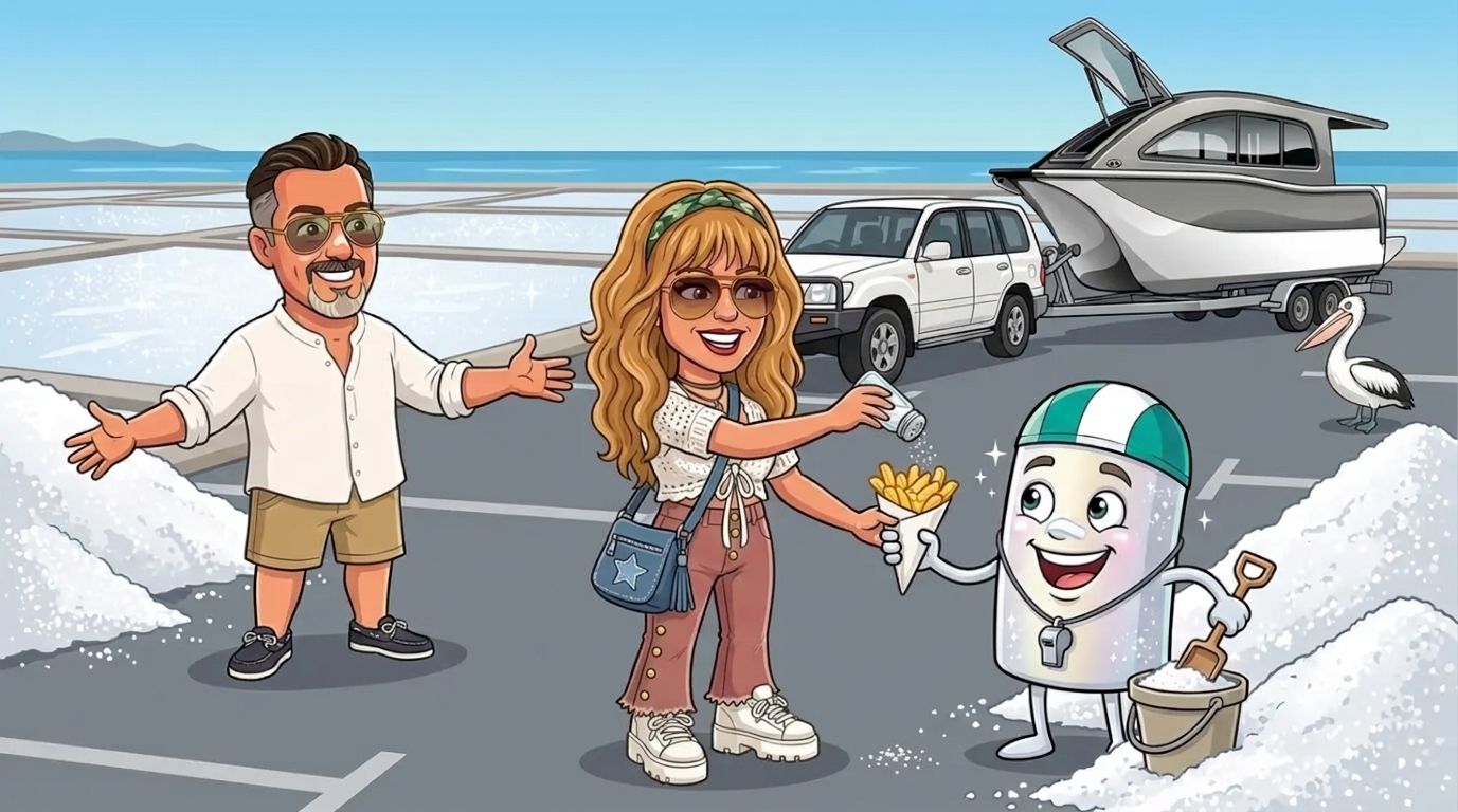 In a car park beside sparkling white salt pans, a cheerful pearly salt-white battery character in a teal-and-white swim cap with a lifeguard's whistle scoops salt into a bucket while DJ salts a cone of hot chips and Jason spreads his arms wide, with the grey-and-white Cat Cruiser catamaran on its trailer behind a plain white 4WD and a pelican watching
