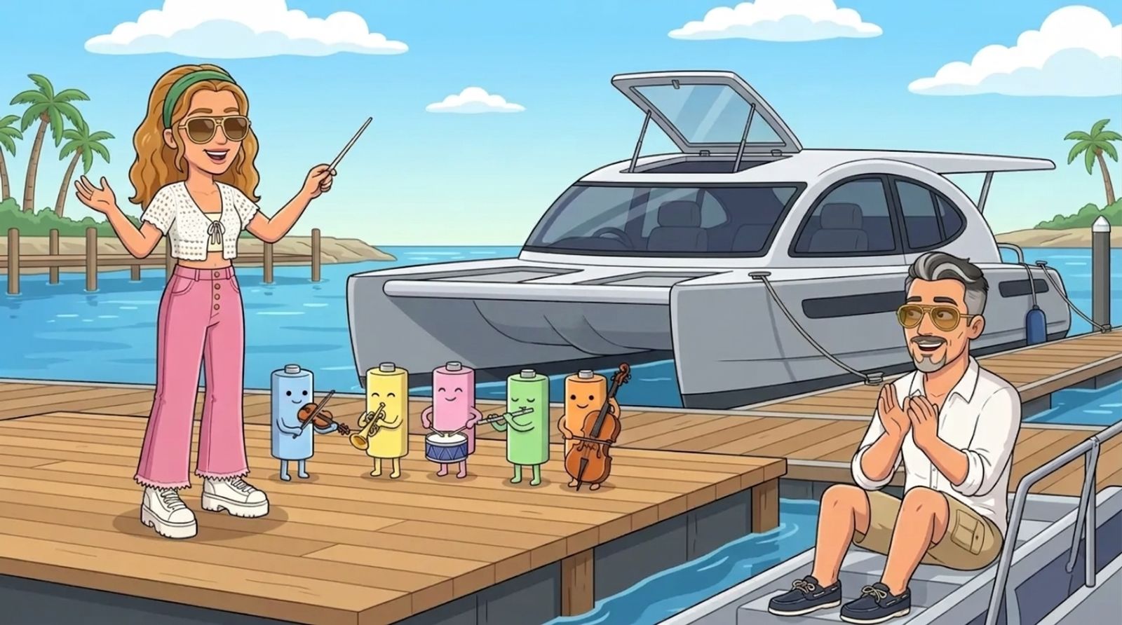 Cartoon of Jason's co-host DJ conducting a row of smiling battery cells playing violin, trumpet, drum, flute and cello on a marina pontoon stage beside the moored Cat Cruiser catamaran, while Jason applauds