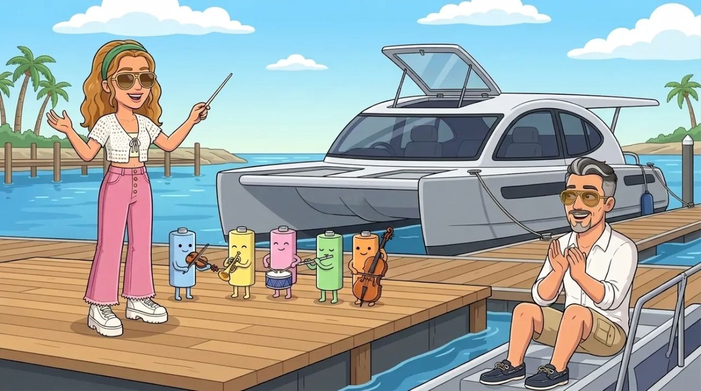 Cartoon of Jason's co-host DJ conducting a row of smiling battery cells playing violin, trumpet, drum, flute and cello on a marina pontoon stage beside the moored Cat Cruiser catamaran, while Jason applauds