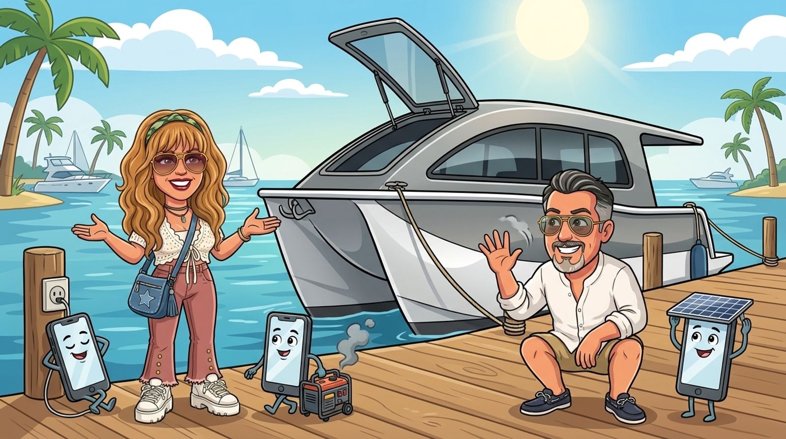 Cartoon of Jason's co-host DJ presenting three phone characters on a marina boardwalk beside the moored Cat Cruiser catamaran like a game-show host, one plugged into a post, one lugging a smoky little generator and one wearing a solar panel as a sunhat, while Jason waves the smoke away