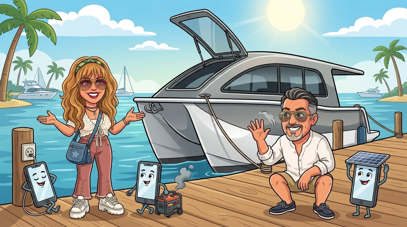 Cartoon of Jason's co-host DJ presenting three phone characters on a marina boardwalk beside the moored Cat Cruiser catamaran like a game-show host, one plugged into a post, one lugging a smoky little generator and one wearing a solar panel as a sunhat, while Jason waves the smoke away