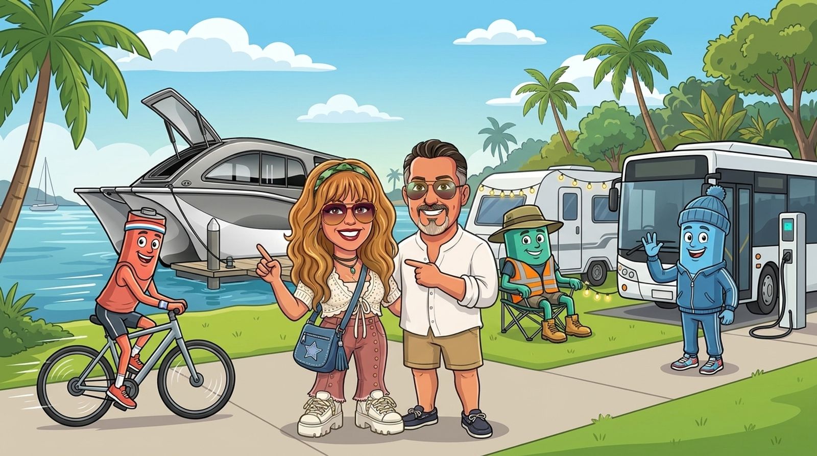 On a marina esplanade, Jason and DJ point out the coral-red battery riding an e-bike, the sea-green battery relaxing by a caravan and the sky-blue battery beside a plugged-in electric bus, with the grey-and-white Cat Cruiser catamaran moored at a pontoon behind them