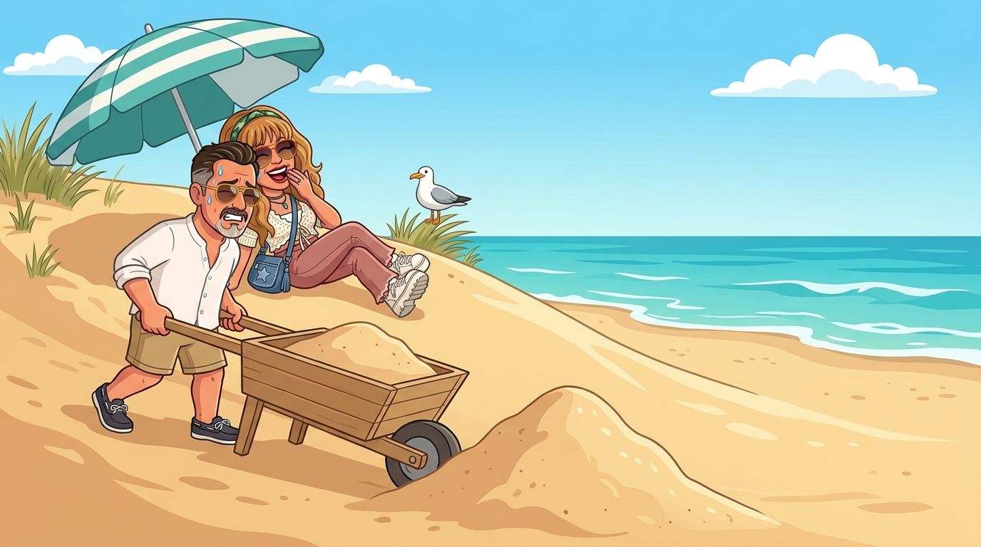 Cartoon of Jason sweating as he pushes a wheelbarrow up a beach dune while a wave of sand piles up in front of the wheel, as his co-host DJ laughs under a beach umbrella and a seagull watches