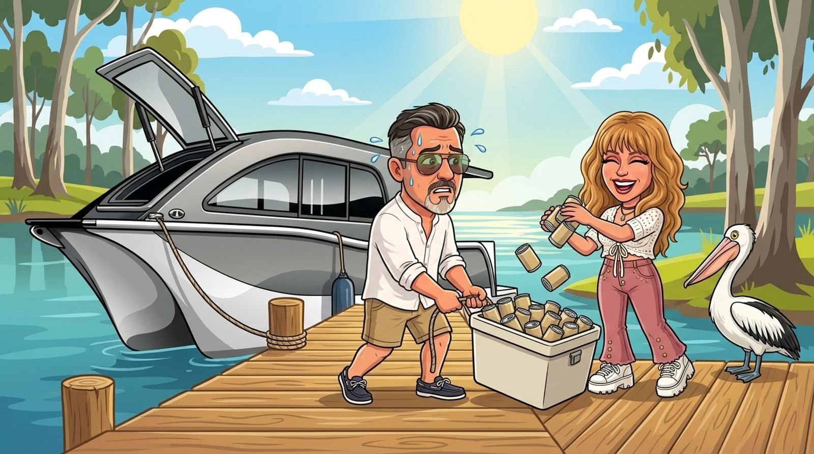 Cartoon of Jason sweating as he drags a big esky along a jetty toward the moored Cat Cruiser catamaran while his co-host DJ laughs and keeps tossing in more cans, watched by a pelican