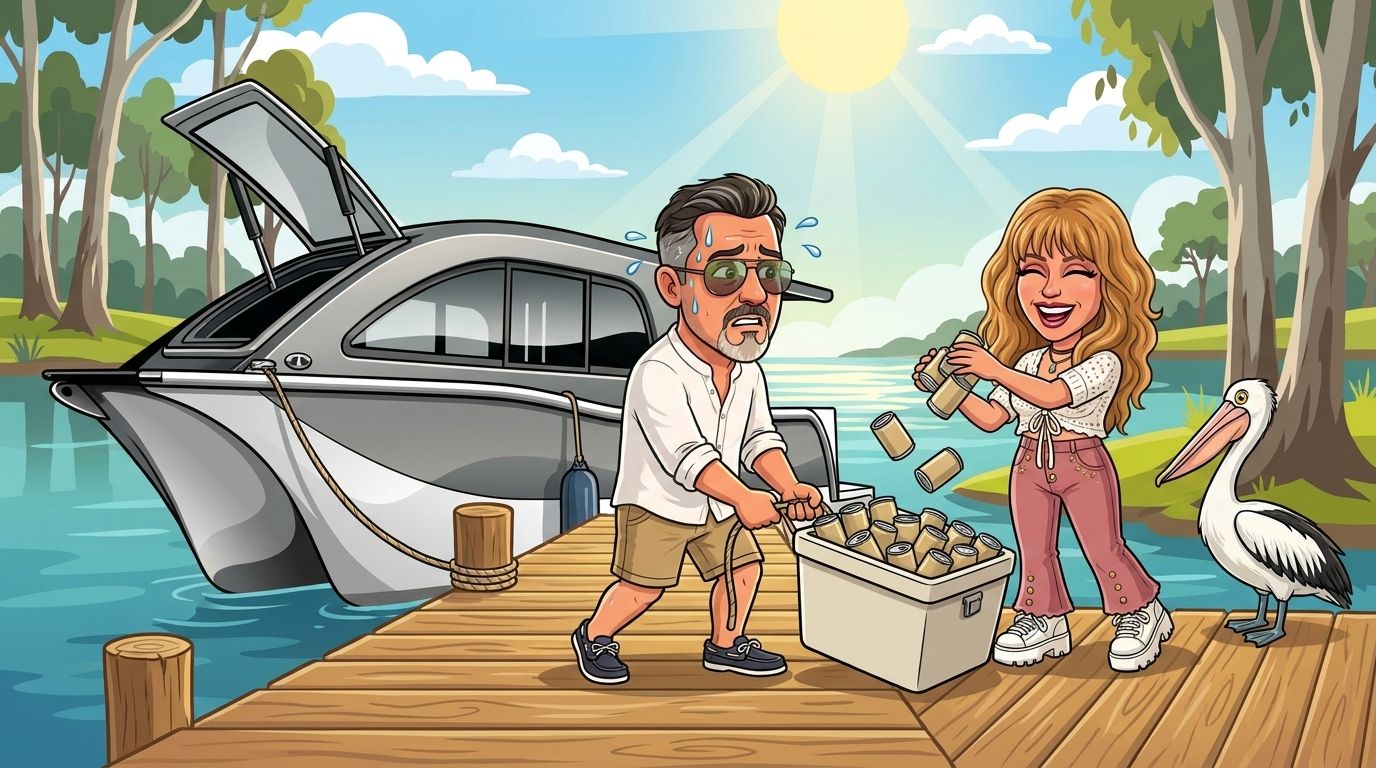 Cartoon of Jason sweating as he drags a big esky along a jetty toward the moored Cat Cruiser catamaran while his co-host DJ laughs and keeps tossing in more cans, watched by a pelican