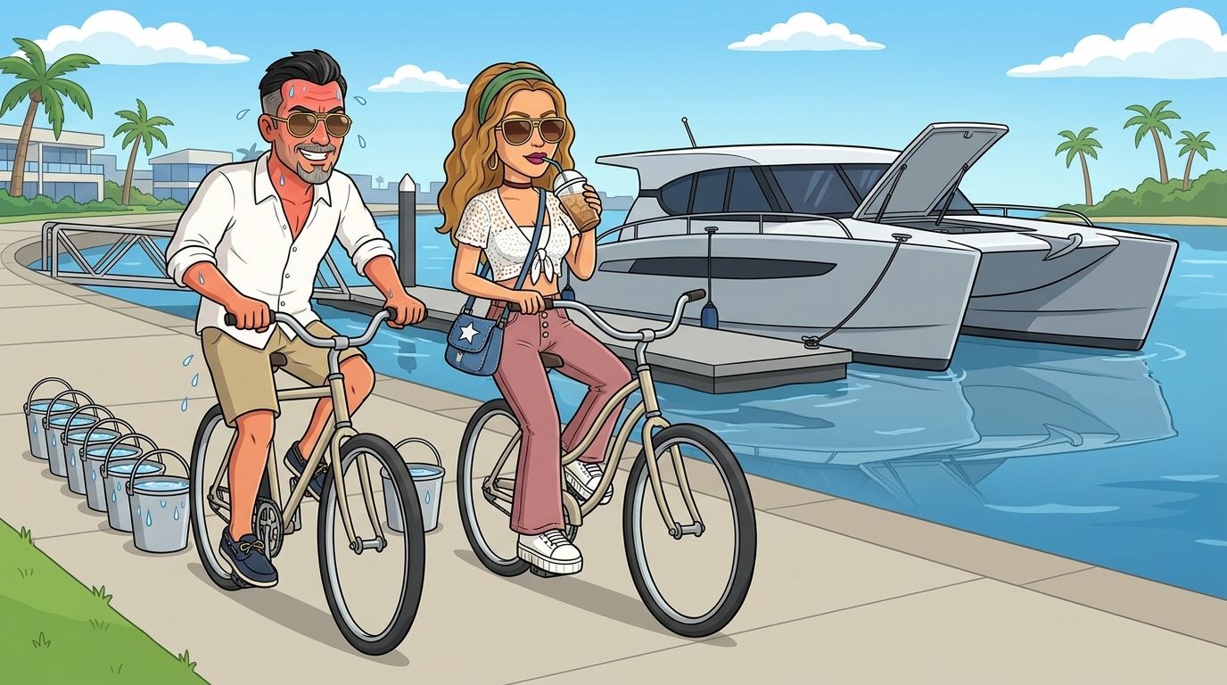 Cartoon of Jason pedalling flat out along a marina path, red-faced, with a row of eight buckets of sweat behind him, while his co-host DJ cruises beside him sipping an iced coffee with just one small bucket, the Cat Cruiser catamaran moored behind