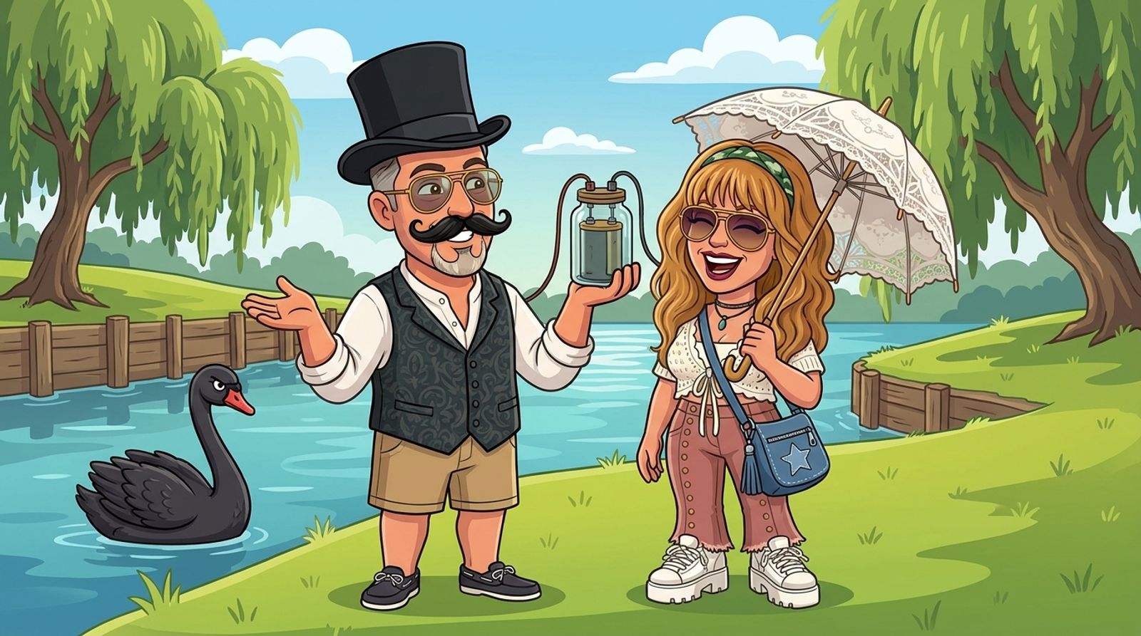 Cartoon of Jason dressed up as a Victorian gentleman in a top hat and big fake moustache, proudly holding up an old glass battery jar on a riverbank, while his co-host DJ laughs under a lace parasol and a black swan looks unimpressed