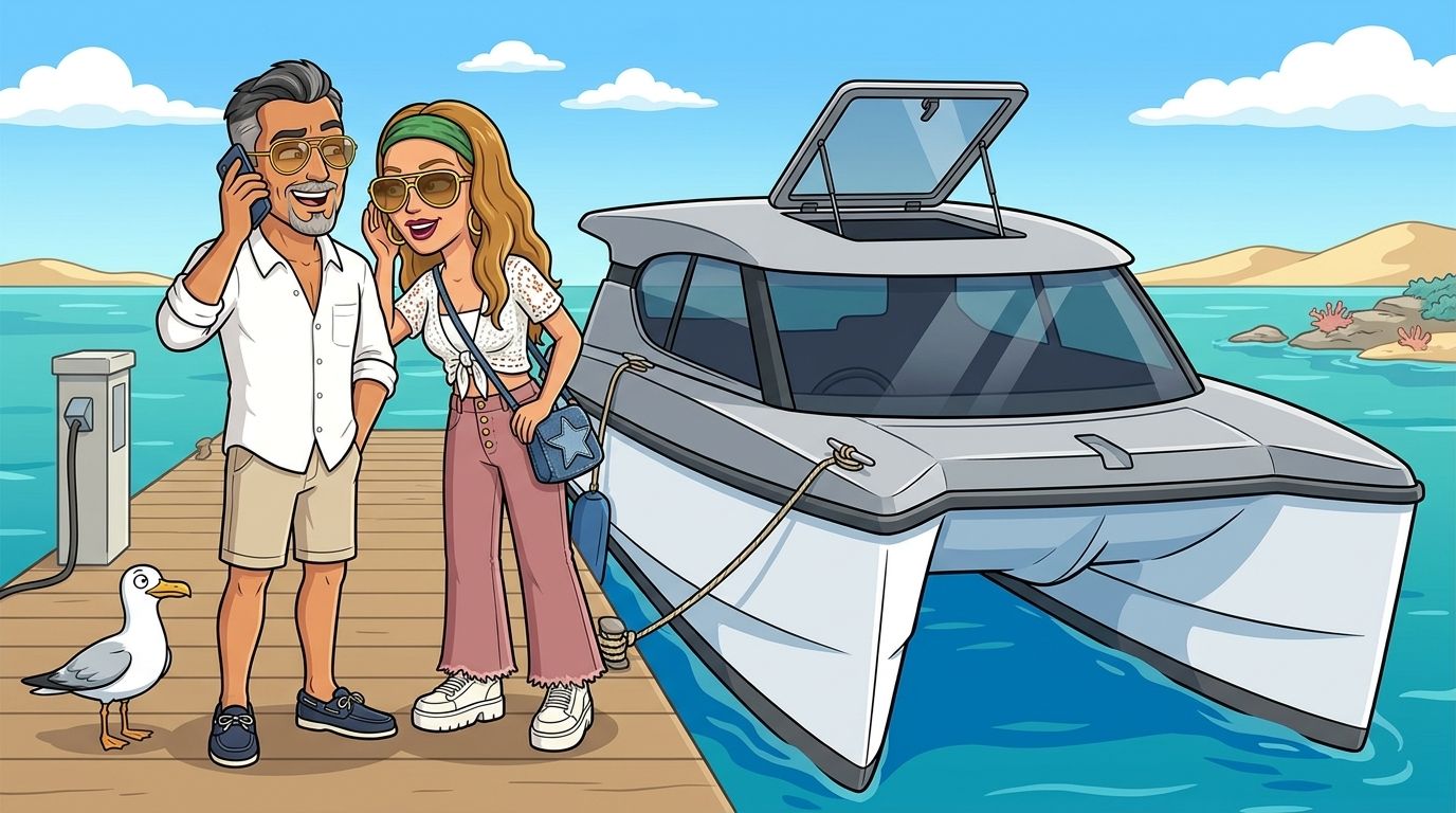 Cartoon of Jason on the phone with a hopeful smile on a marina jetty beside a power pedestal and the moored Cat Cruiser catamaran, while his co-host DJ leans in to listen and a seagull leans in too