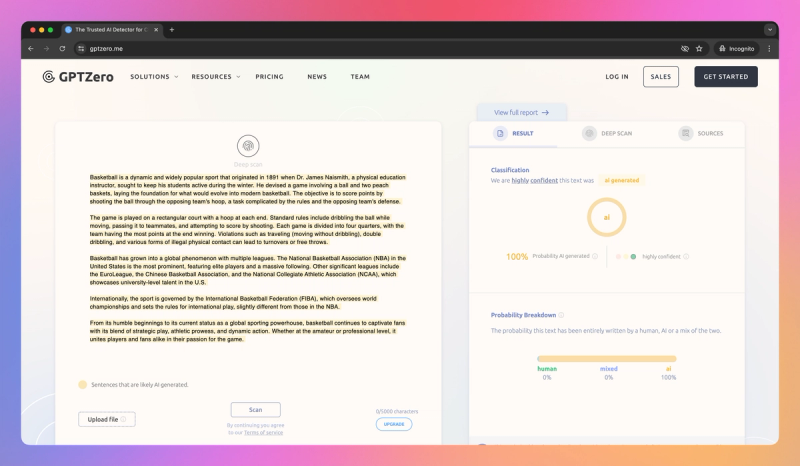 GPTZero product screenshot