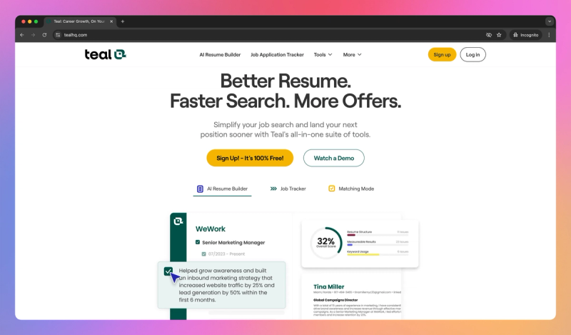 Teal Resume Builder product screenshot