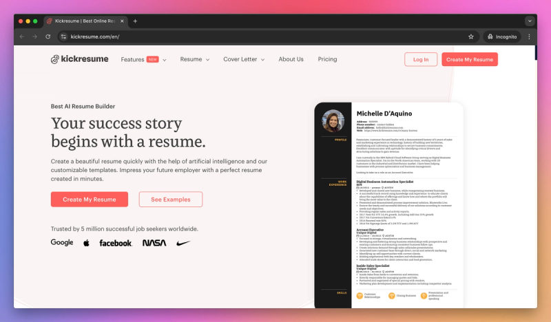 Kickresume product screenshot
