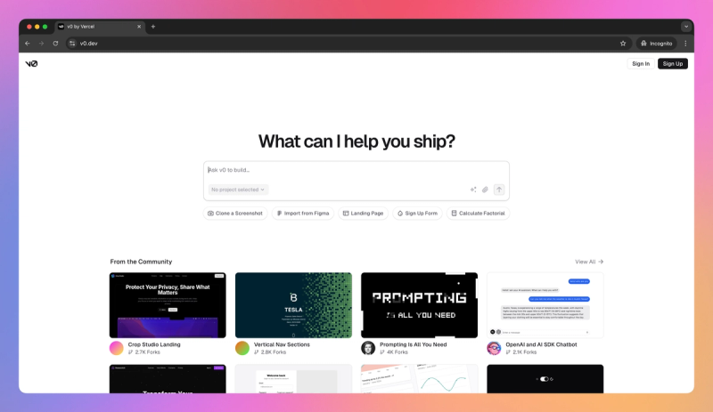 v0 product screenshot