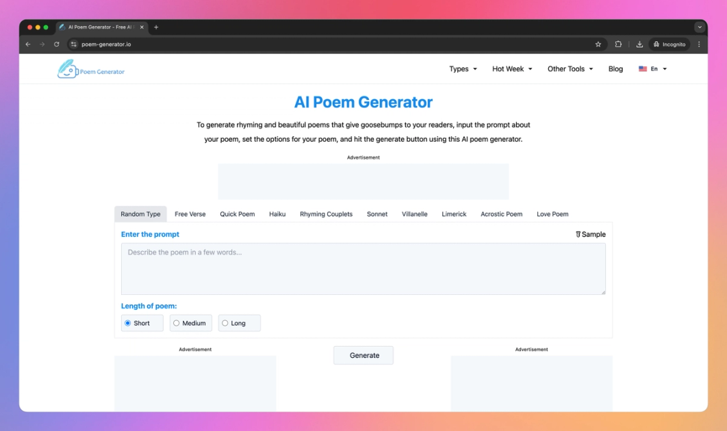 Posm Generator Poem Generator IO Features, Pricing, and Alternatives | AI Tools