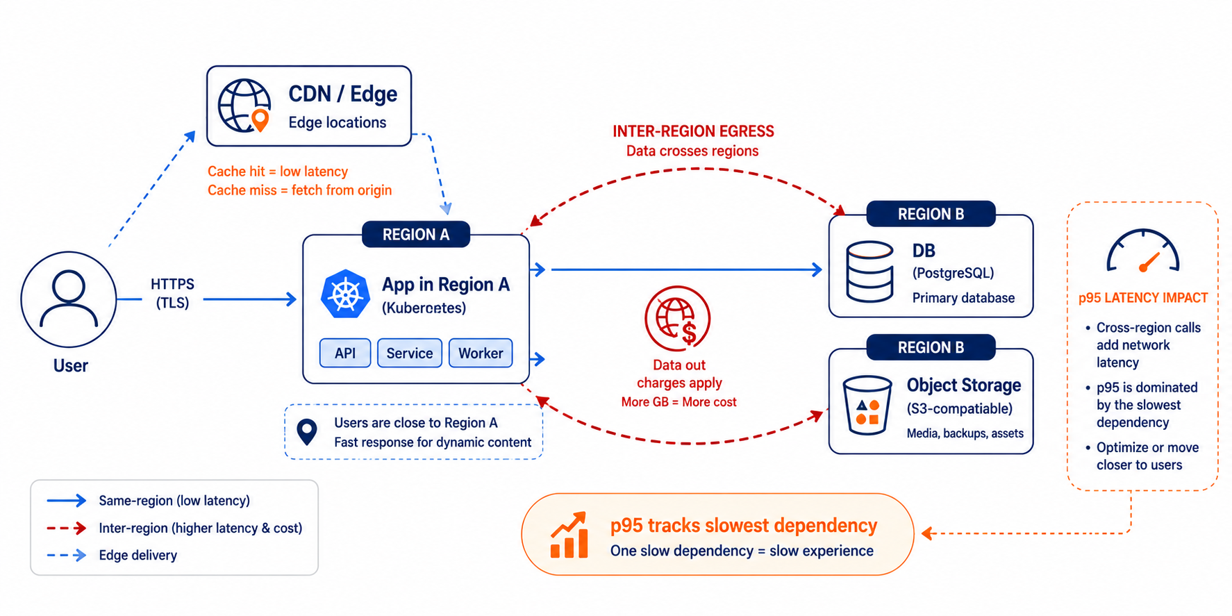 Dependency chain across regions showing latency and egress impact