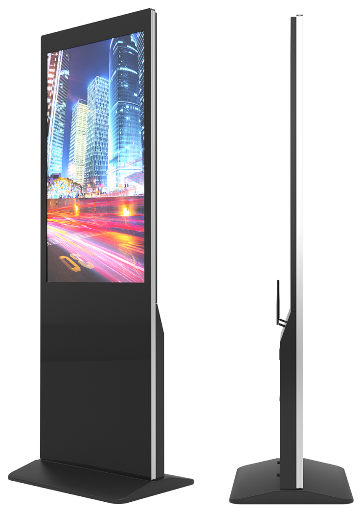 A pair of slim freestanding digital displays