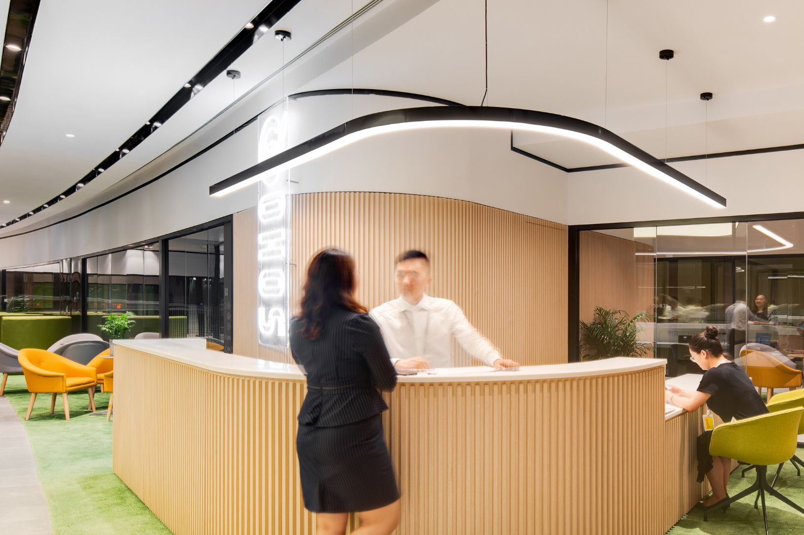 office reception with curved led lights