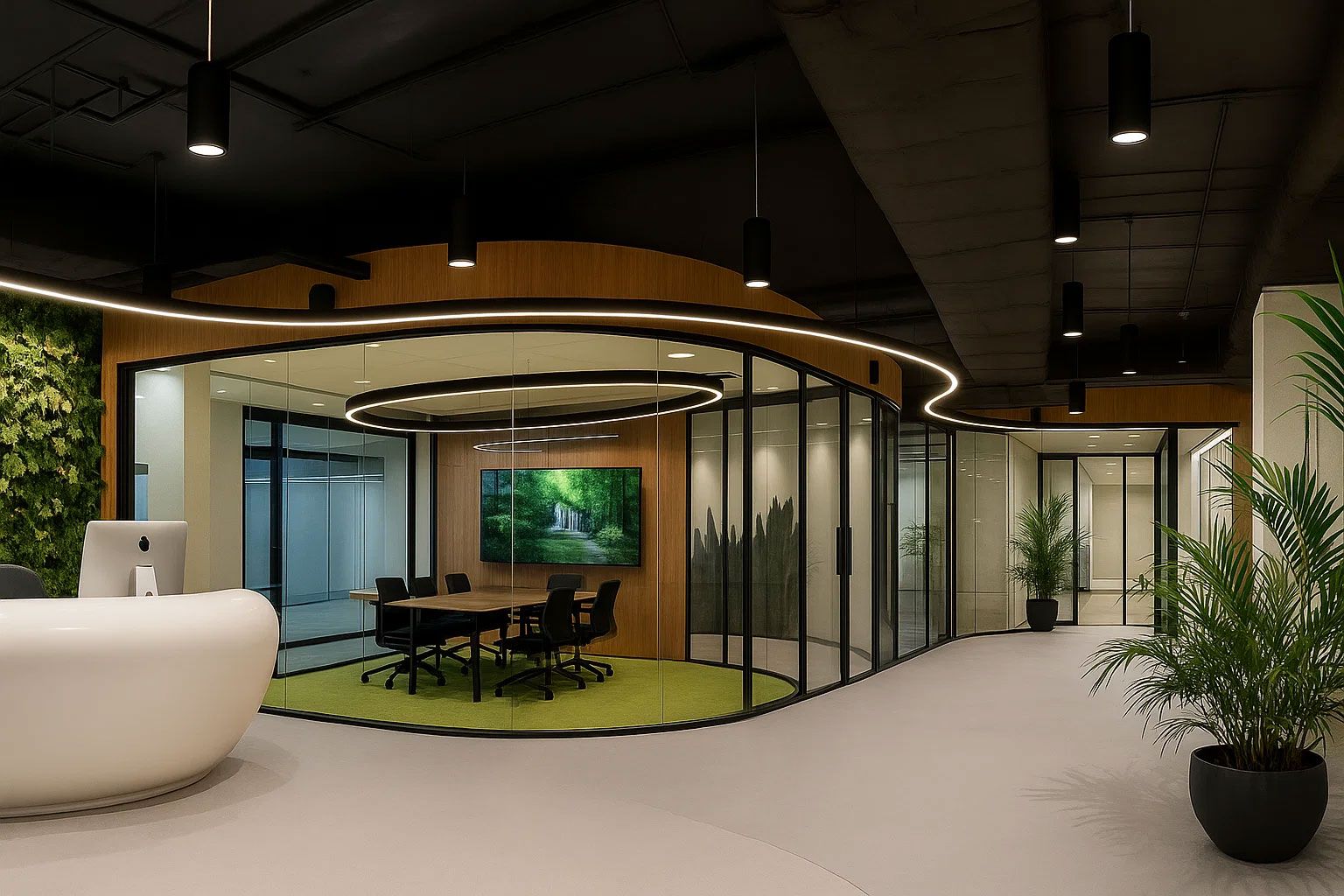 office with curved LED light fixtures