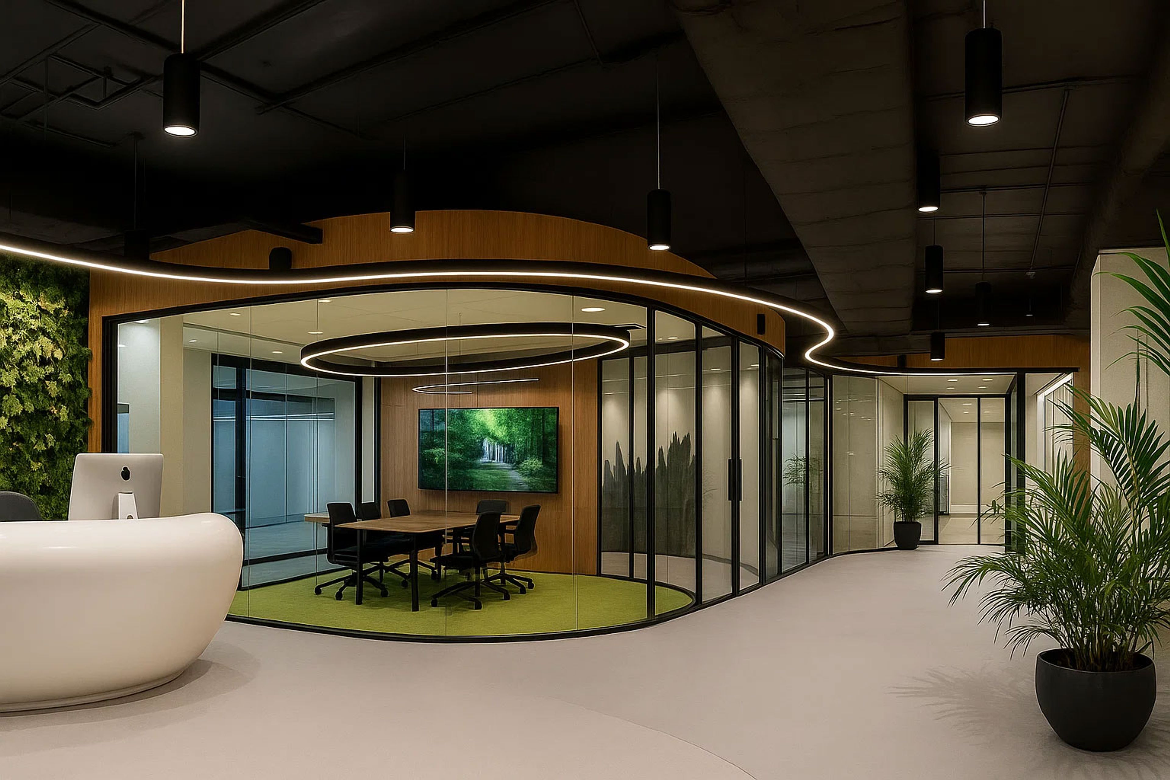 office with curved LED light fixtures
