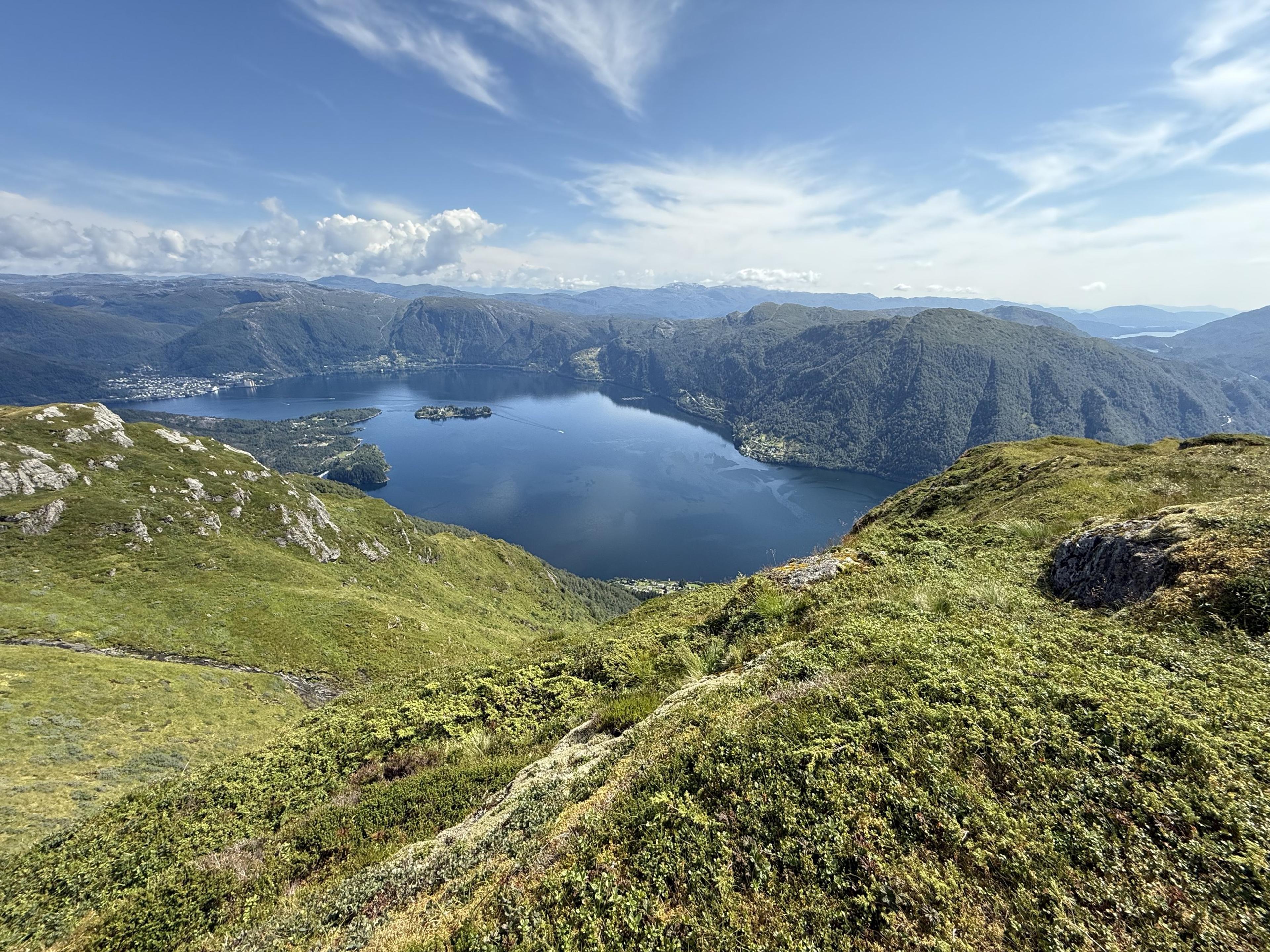 Utsikt fra gressdekt fjellside ned på en bred fjord med en liten øy, bebyggelse langs stranden og skogkledde fjell på andre siden.