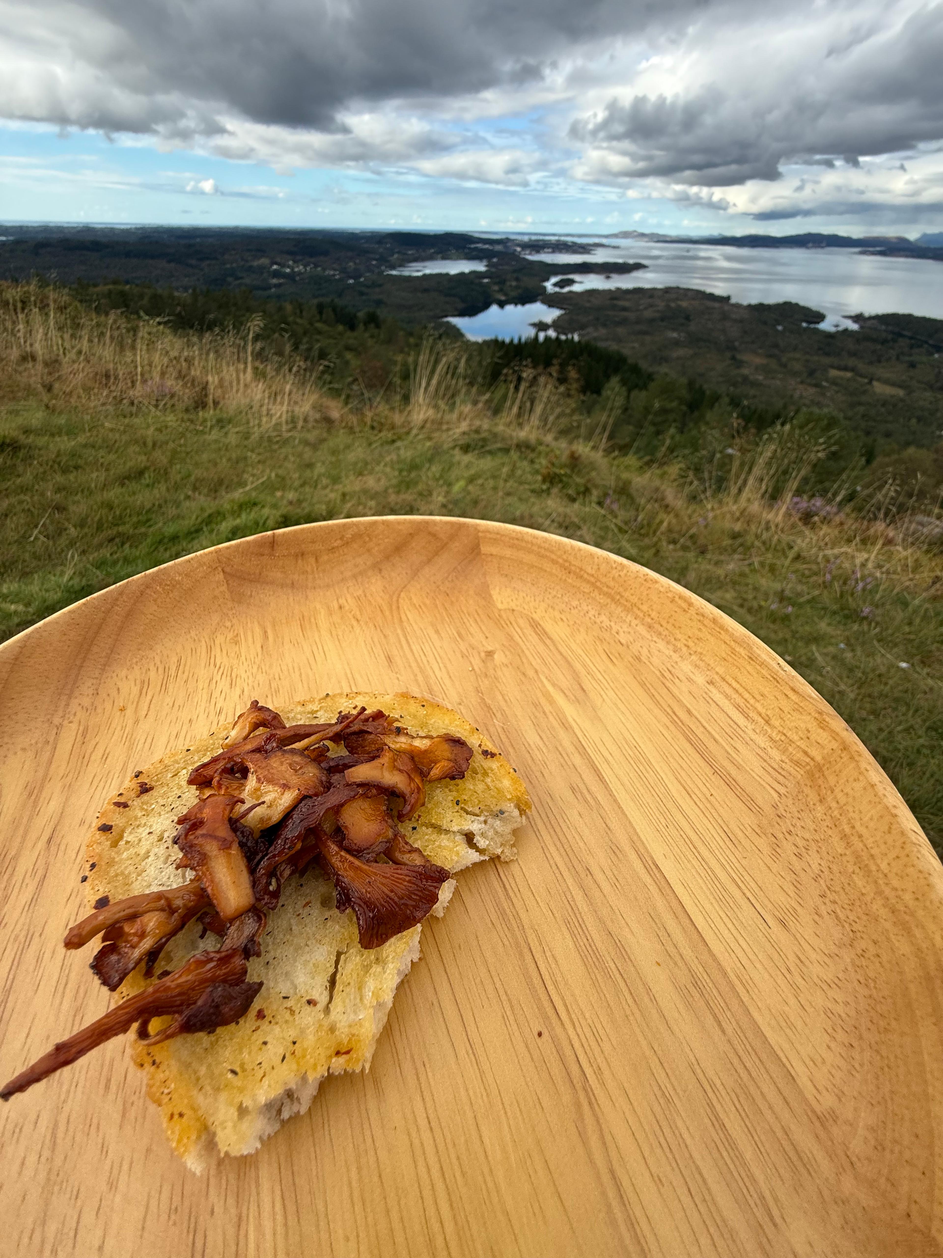 Brødskive med stekte kantareller på en treplate, med gressbakke, skog, små vann og sjøen i bakgrunnen.