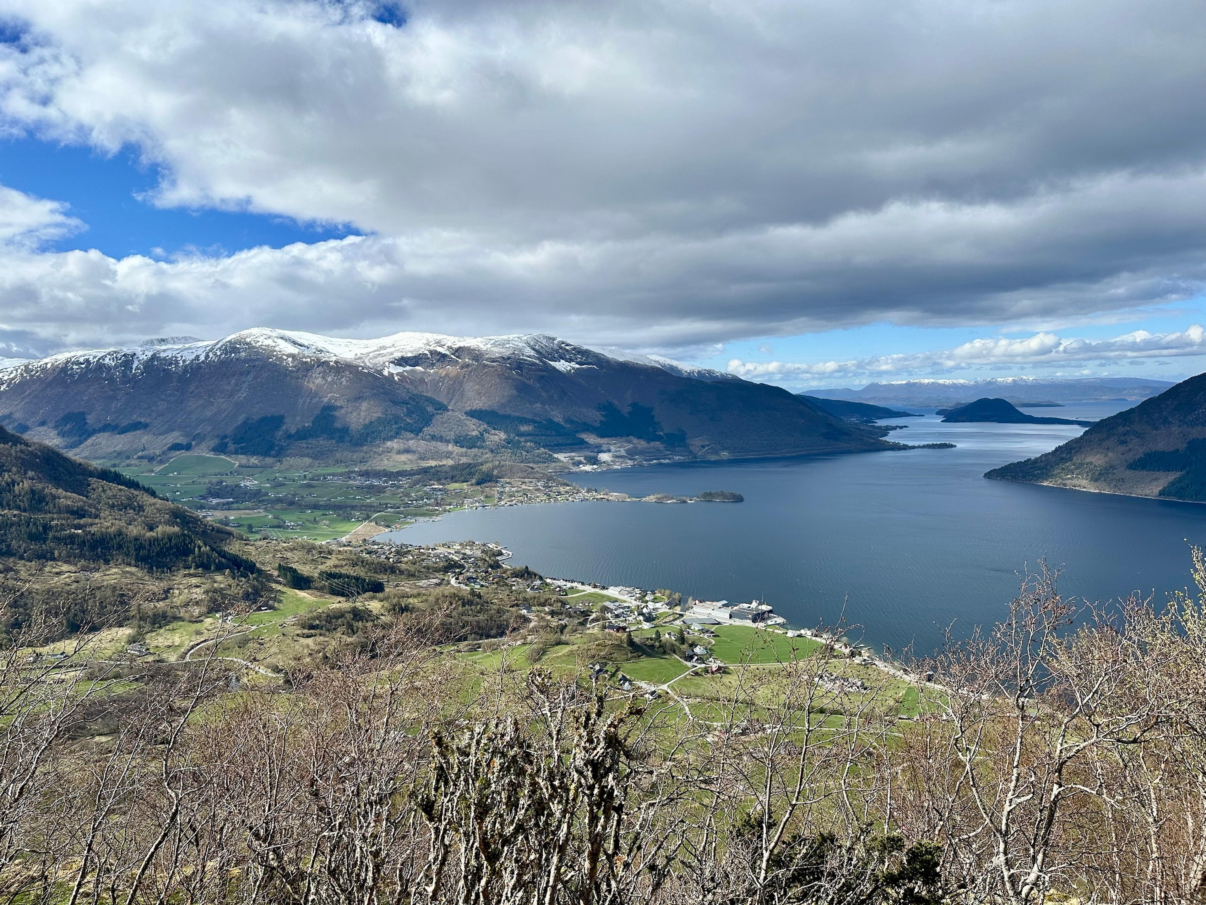 Utsikt ned over Rosendal ved fjorden, med grønne jorder, bebyggelse langs vannet og snødekte fjell på andre siden.