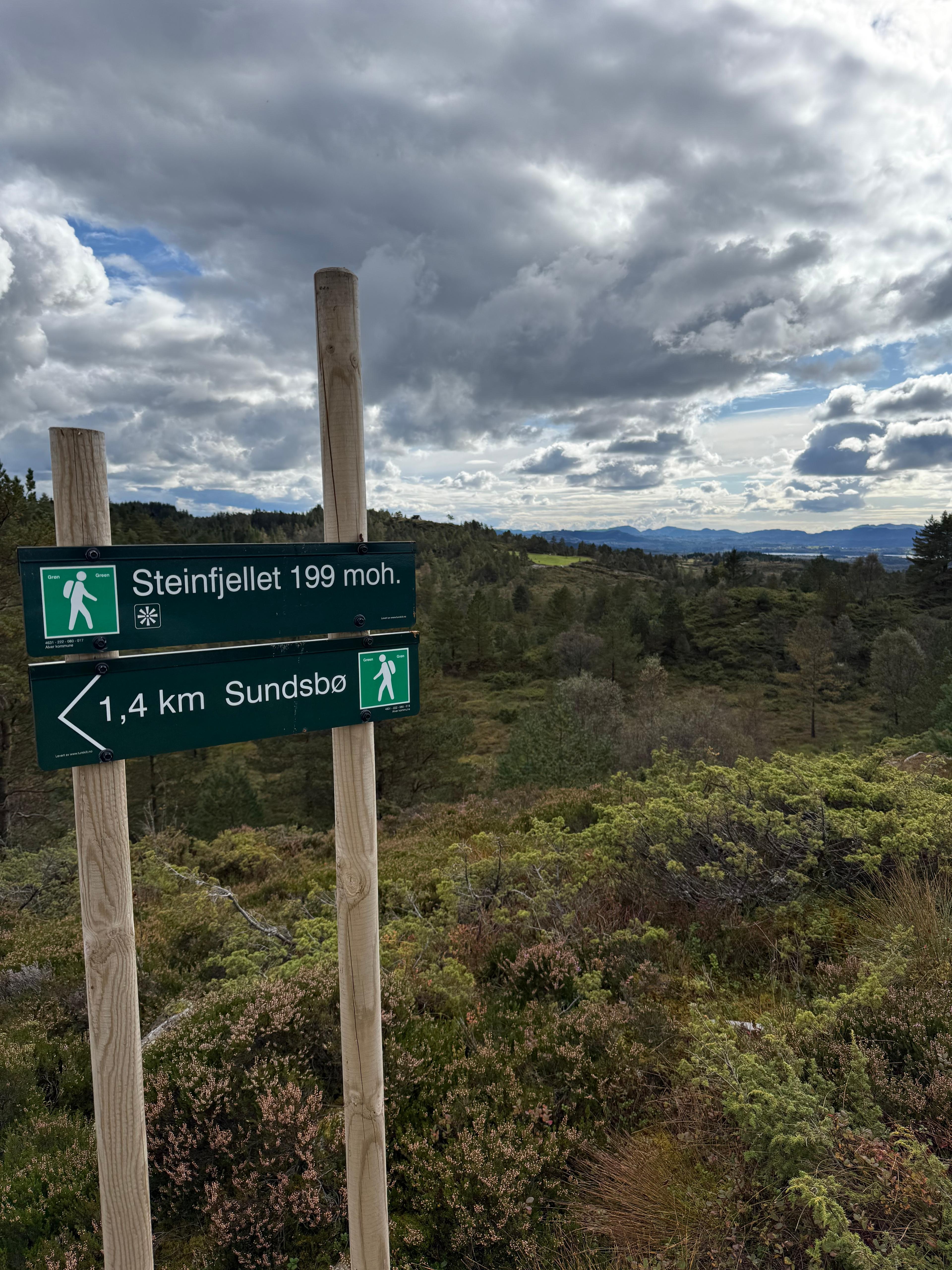 Grønne turskilt på stolper med teksten «Steinfjellet 199 moh.» og «1,4 km Sundsbø», med lyng og skog bak.
