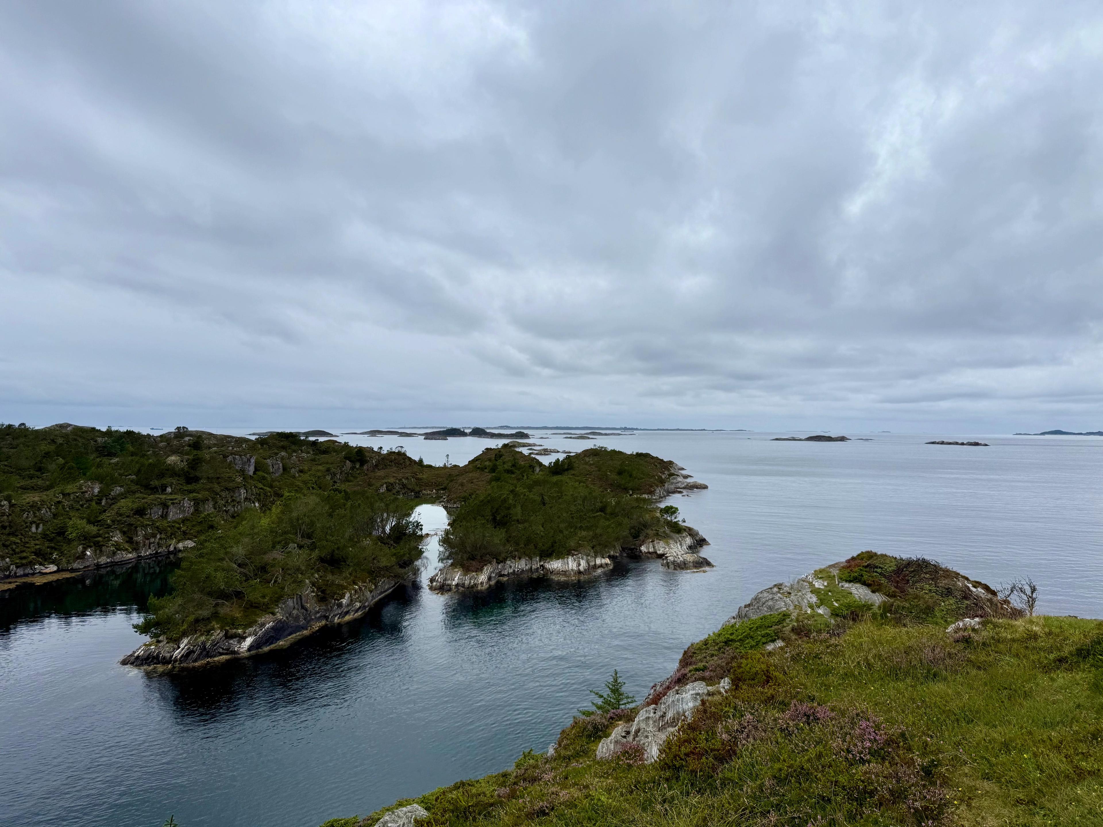 Lyngkledd odde over stille sjø, med skogkledde holmer og små skjær ut mot havet under grå skyer.