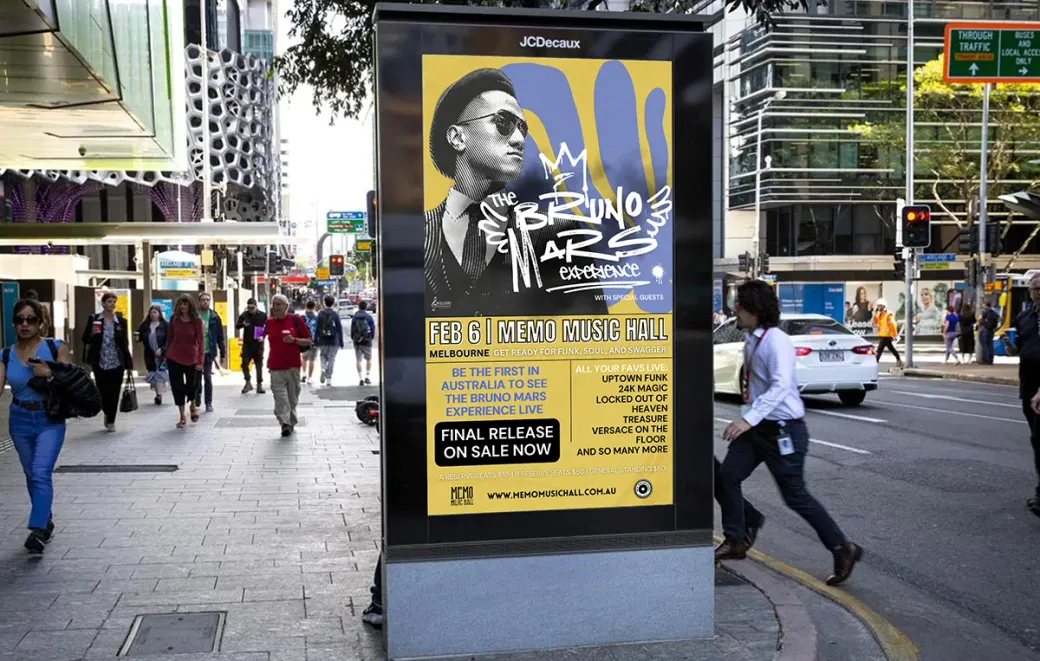 The Bruno Mars Experience campaign shown on a digital screen in Melbourne CBD