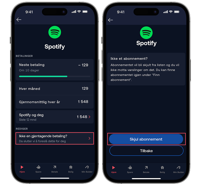Skjul abonnement i appen