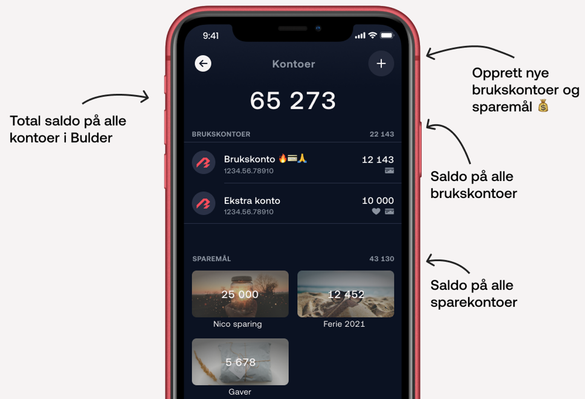 Oversikt over 'hjem' siden i Bulder-appen