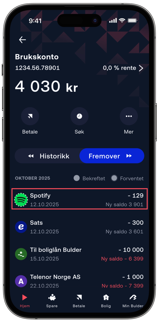 Forventet betaling på Fremover i appen