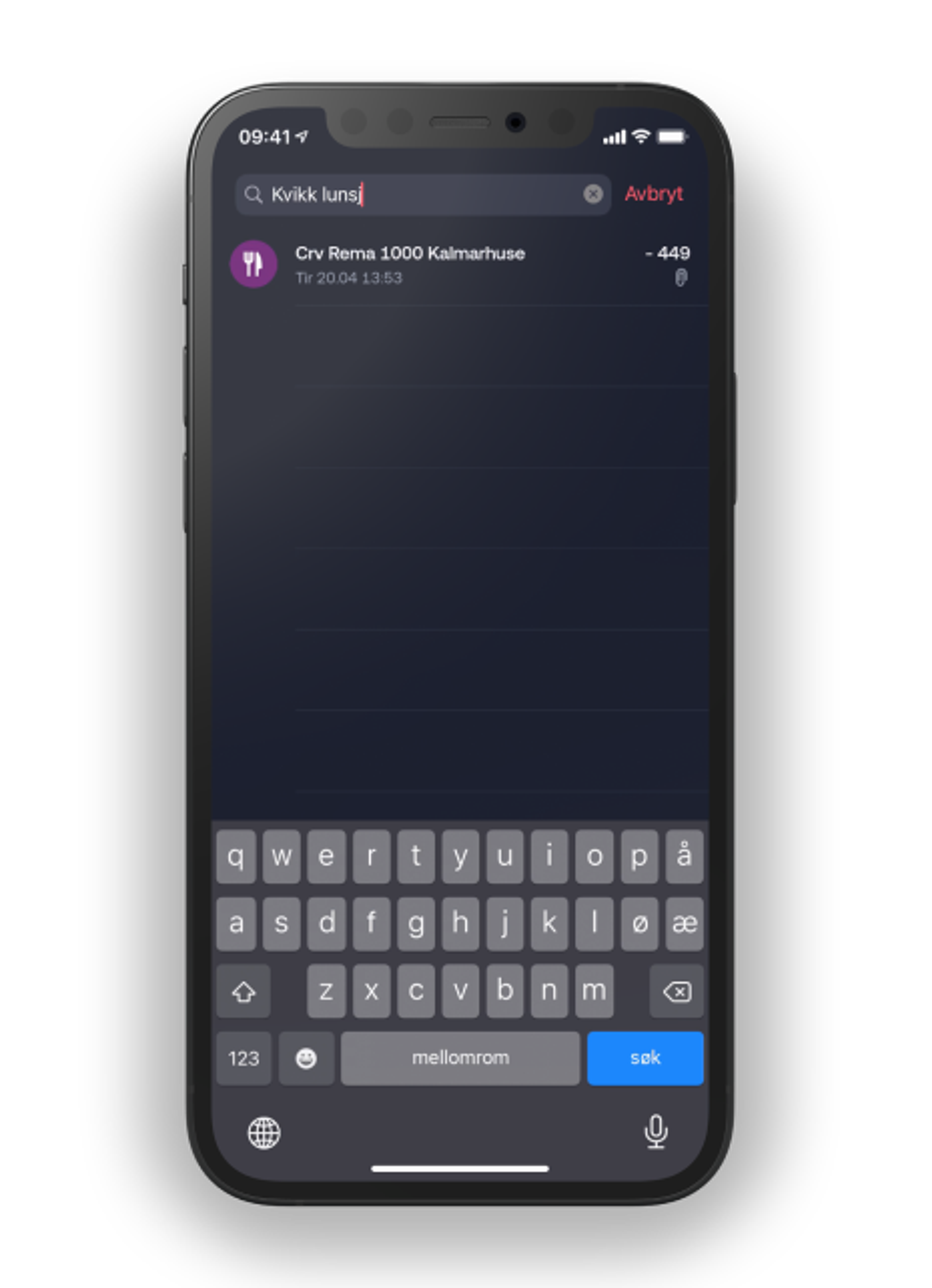 bilde av søkefelt for å finne igjen kvitteringer i app