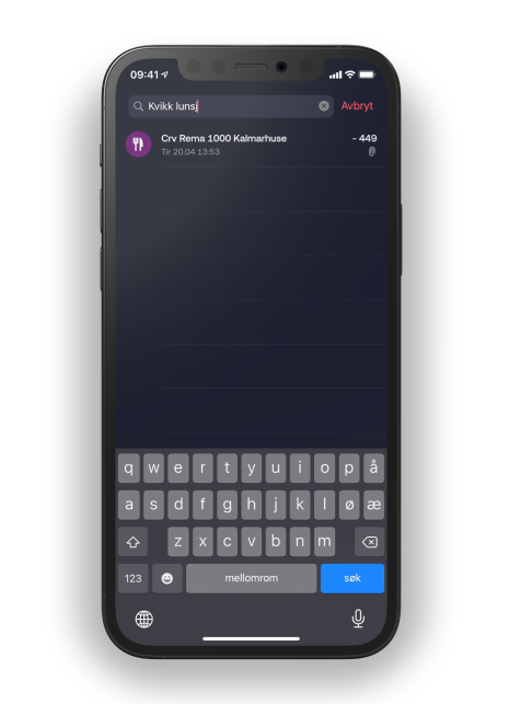 bilde av søkefelt for å finne igjen kvitteringer i app
