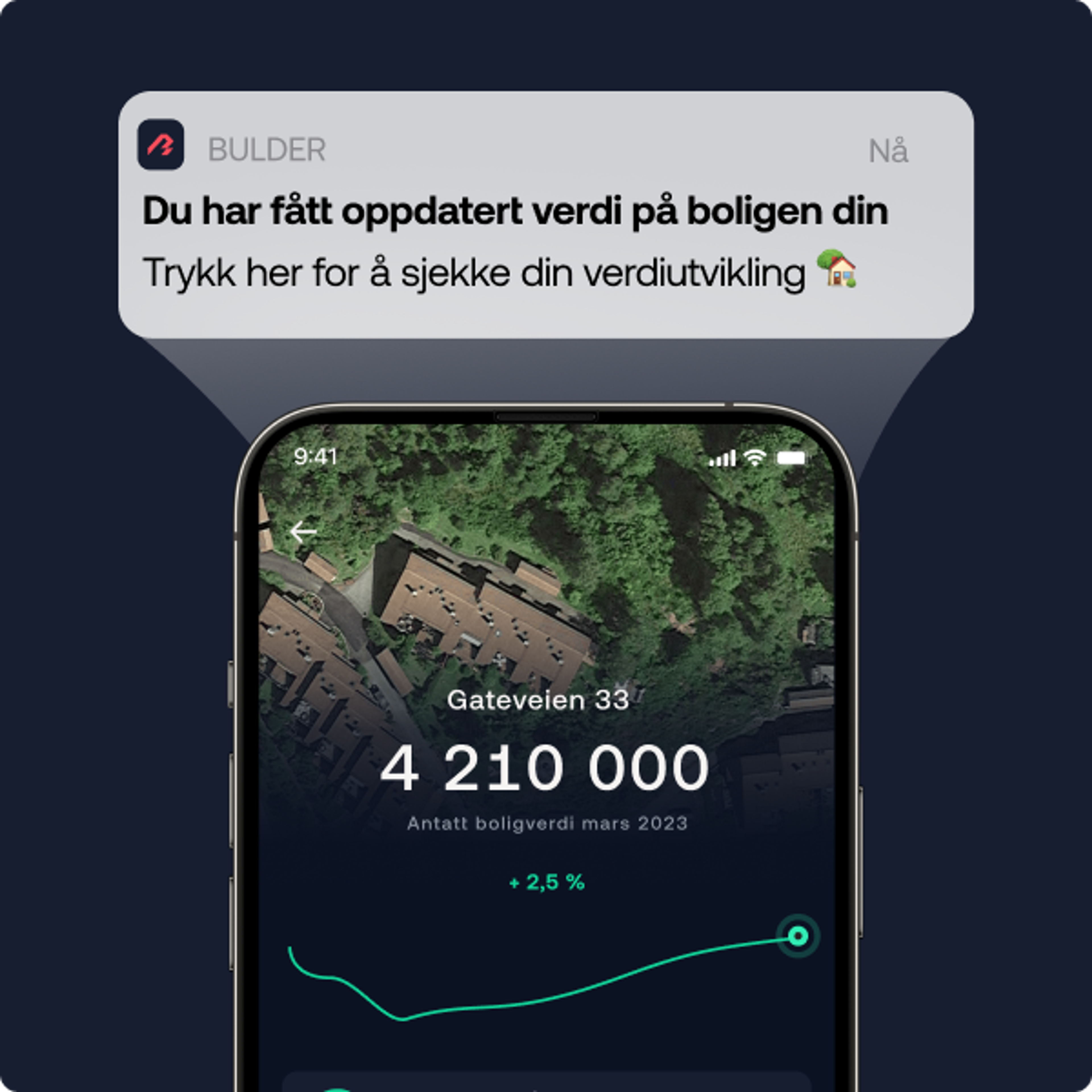 Bilde av boligverdi i app sammen med push varsel om økt boligverdi
