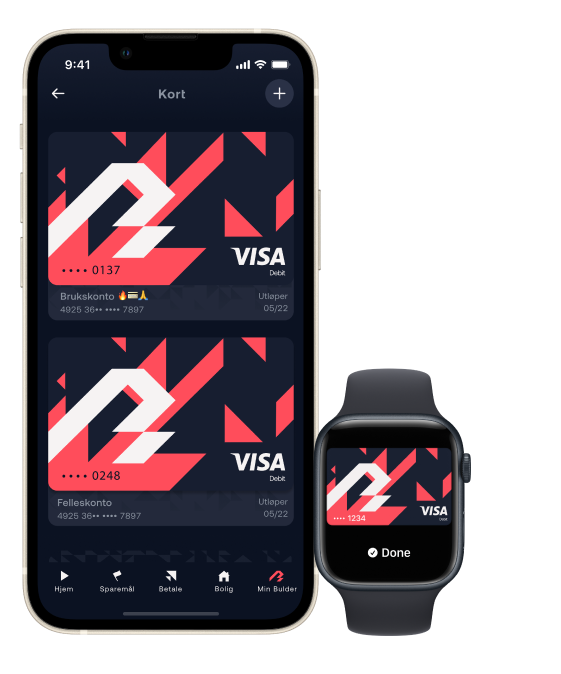 Bilde av telefon og klokke med digitalt bankkort fra Bulder