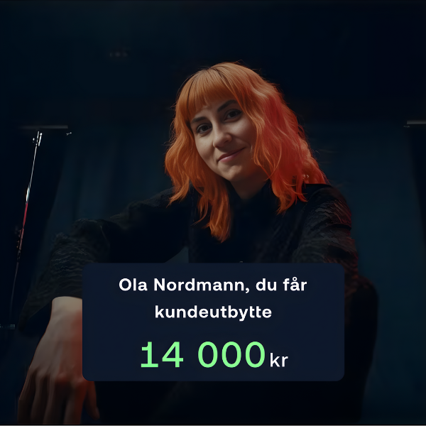 Rødhåret dame som sitter på huk bak en informasjonboble som sier "Ola Nordmann, du får utbytte" og summen 14 000 kr