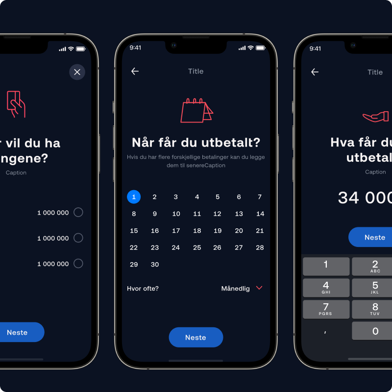 Bilde som viser 3 skjermer av Bulder appen der kunden kan legge til inntekt
