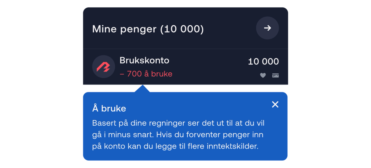Skjermbilde av konto som går i minus snart i appen