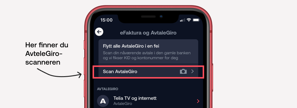 Bilde som viser hvor man finner AvtaleGiro-scanner i Bulder-appen