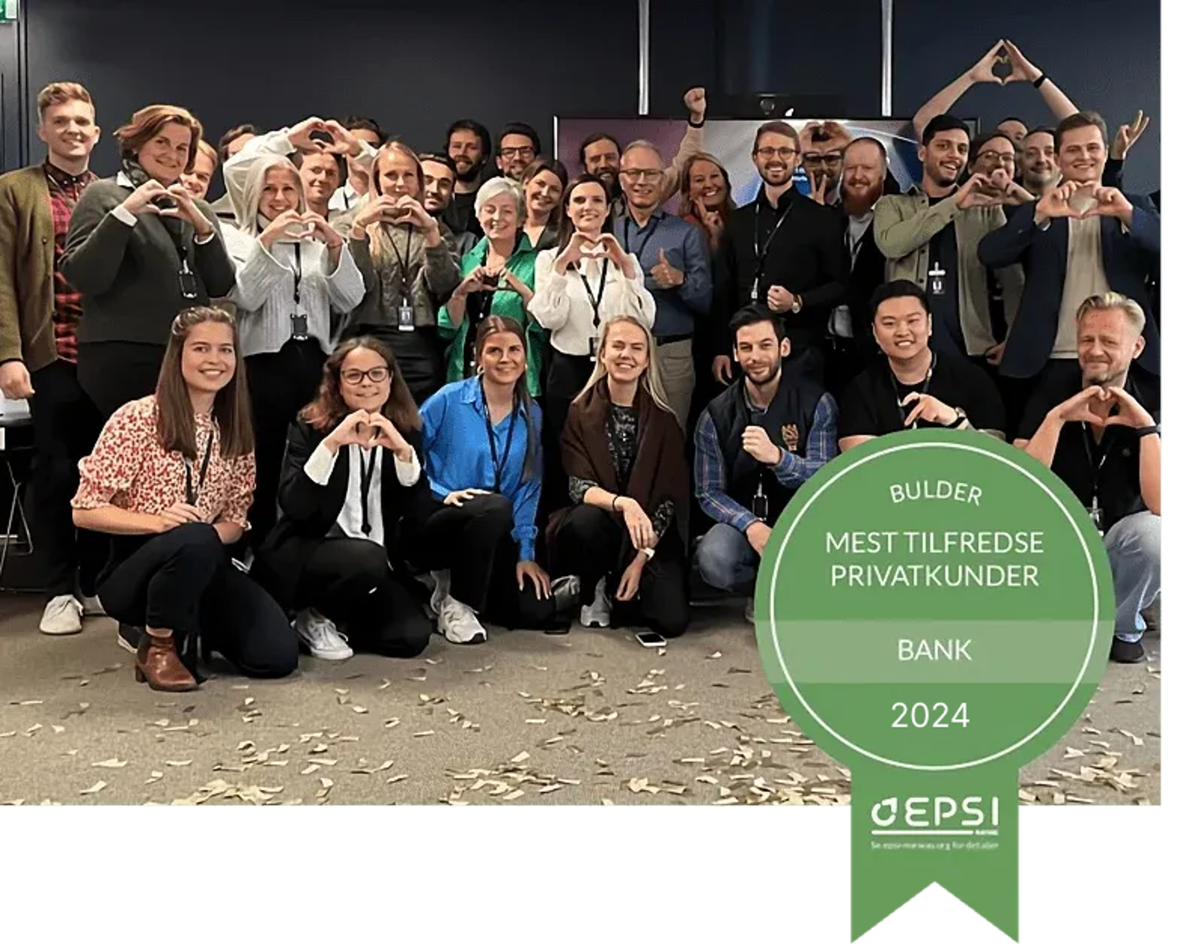 Bilde av alle ansatte i Bulder med pris for Epsi 2023 mest tilfredse privatkunder
