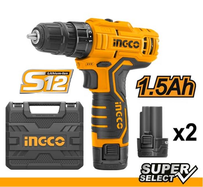 Perceuse-visseuse sans fil INGCO 12V — mandrin 10 mm, 2 batteries