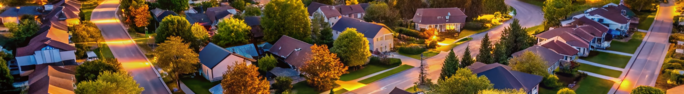 Aerial view of neighborhood at sunset