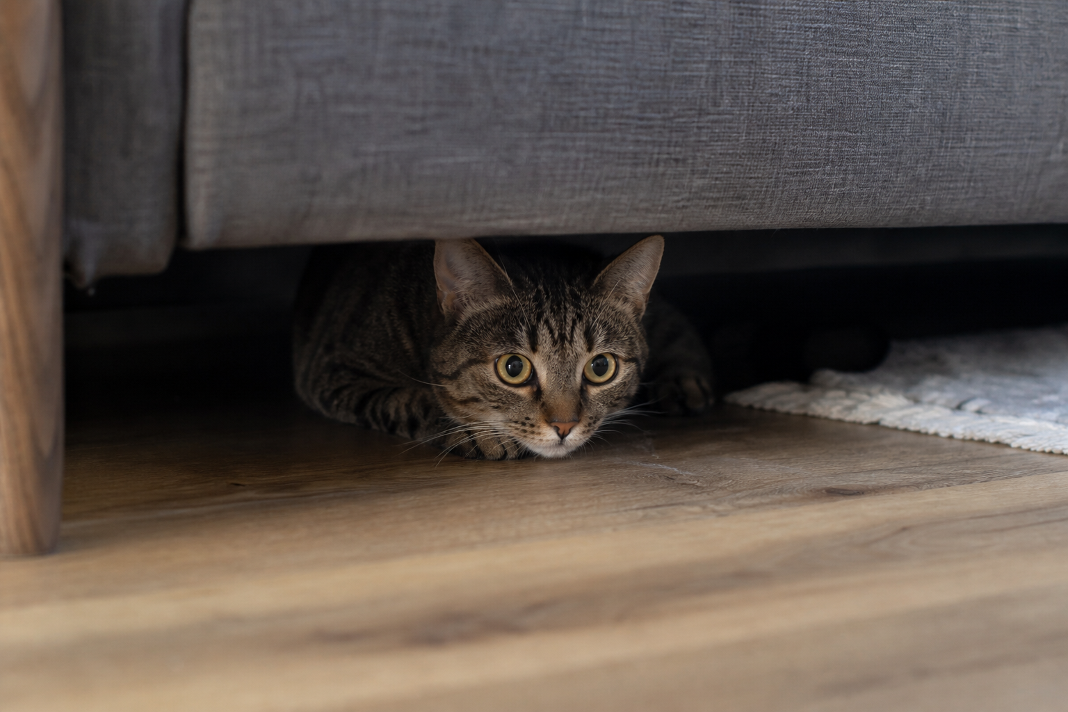 Katt som gjemmer seg under sofaen