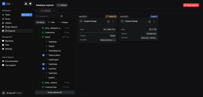 DB Explorer DorkPlus z tabelami, kolumnami i selektywnymi zadaniami dump