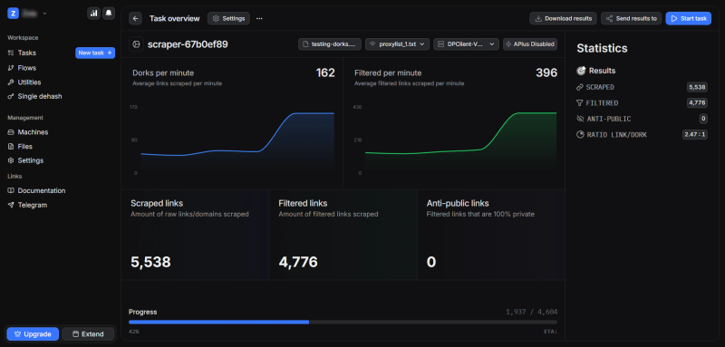 Zrzut ekranu wyszukiwania zadań w panelu DorkPlus